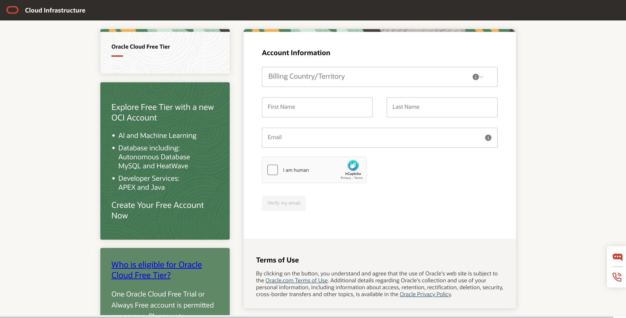 Oracle Cloud registration page screenshot