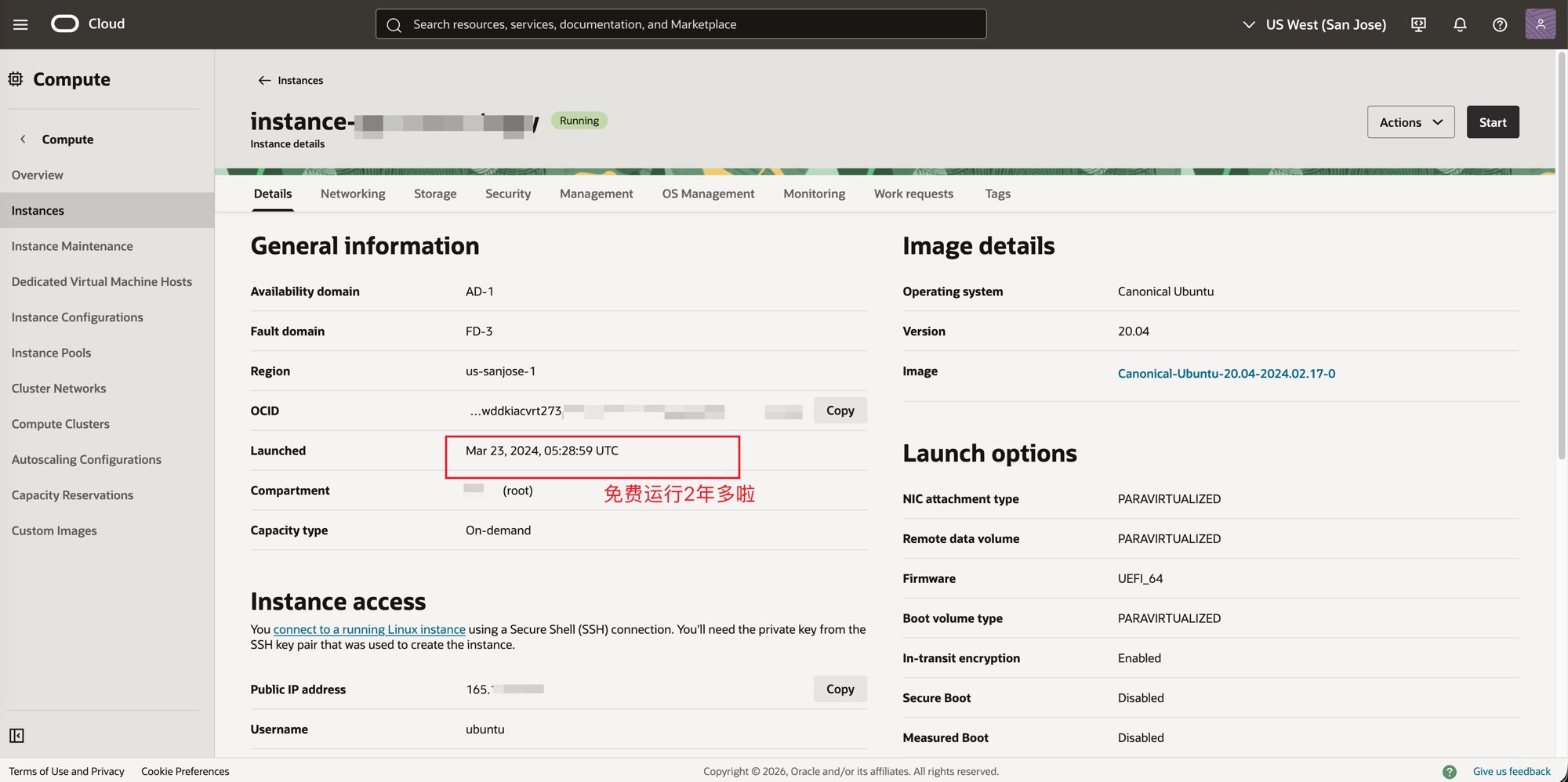 Oracle Cloud running instance screenshot